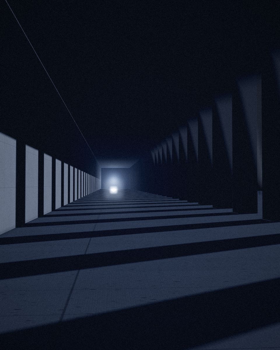 A long concrete colonnade with bands of light falling across the floor toward a bright opening.