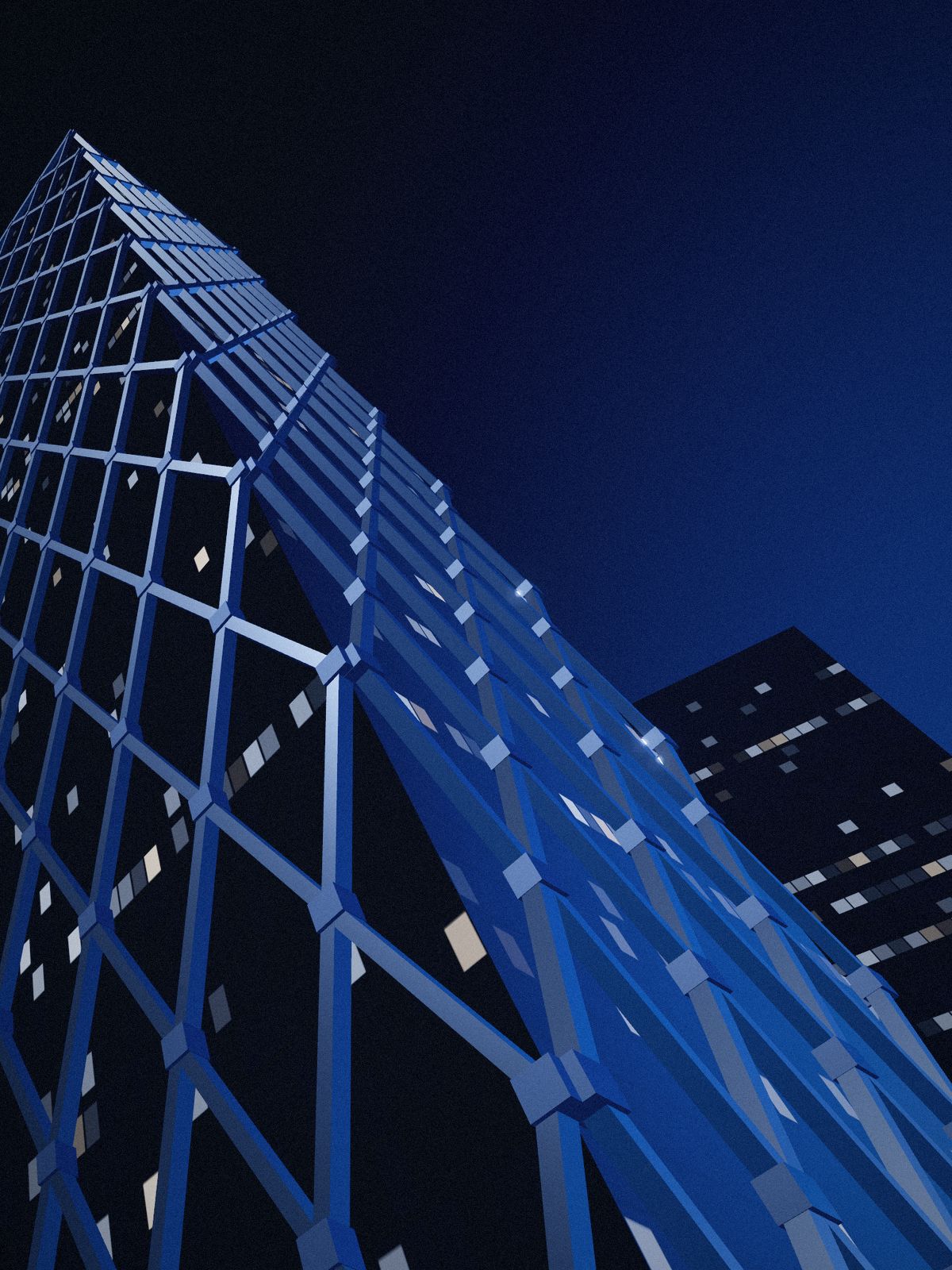 Looking up at a glass tower wrapped in a diagonal steel lattice at blue hour.
