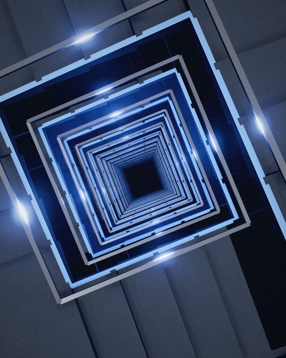 Placeholder for the founder portrait: a square stairwell traced by a line of blue light.